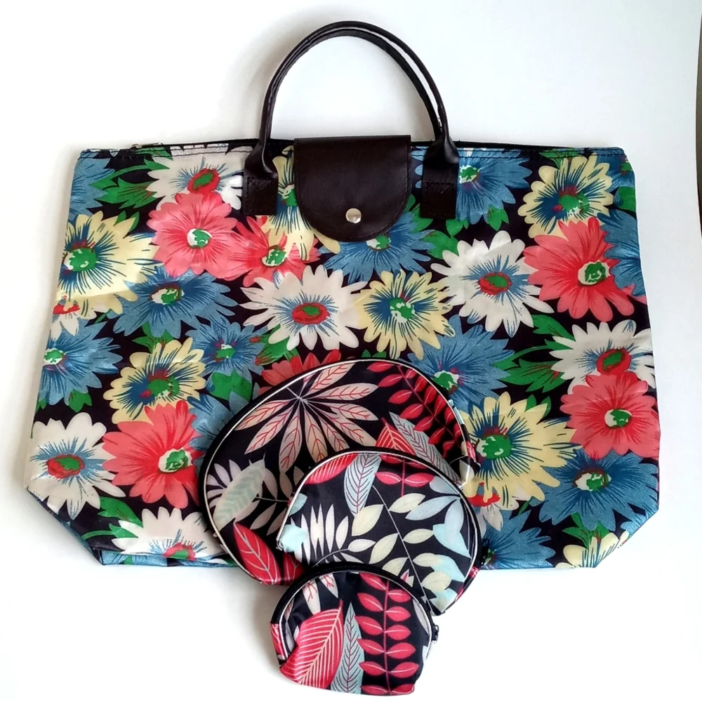 Travel Foldable Floral Vinyl Tote Bag with 3 Matching Pouches